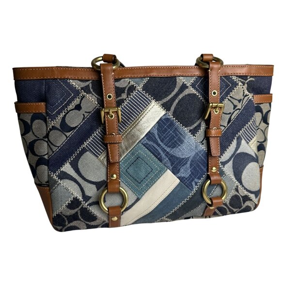 Coach 2008 Signature Denim Patchwork Gallery Tote Indigo Shoulder Bag Style 1221 - Picture 1 of 11